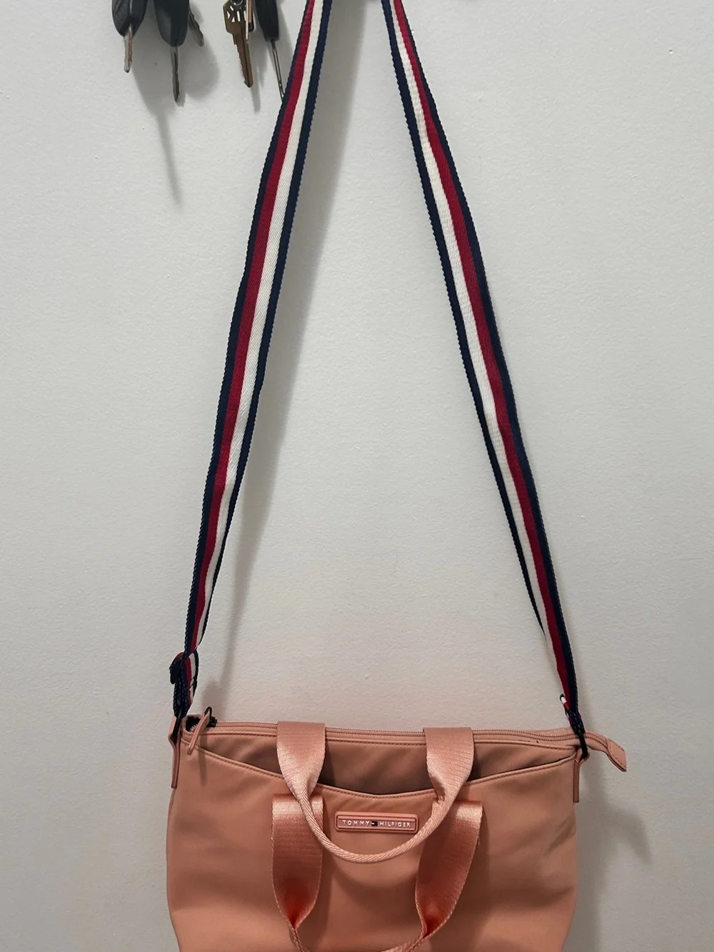 Tommy Hilfiger Pink Nylon Crossbody Tote Bag Stripe Strap Everyday Purse
